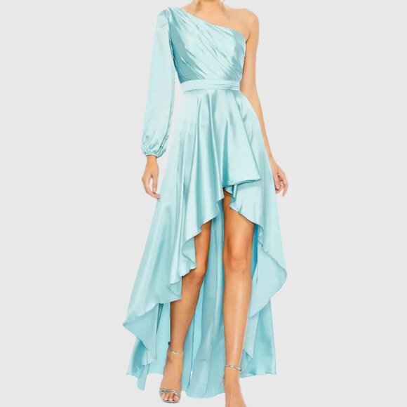 Mac Duggal 49141 Blue Long Sleeve One Shoulder Satin High Low A-line Gown - Picture 1 of 3